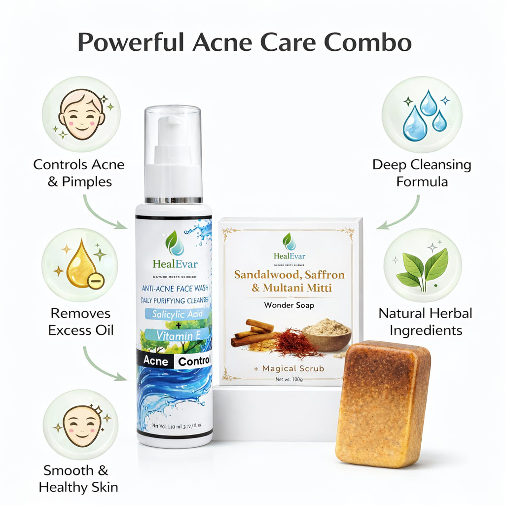 HealEvar Face & Body Care Combo – Anti-Acne Face Wash + Magical Almond Scrub Soap | Clear & Bright Skin