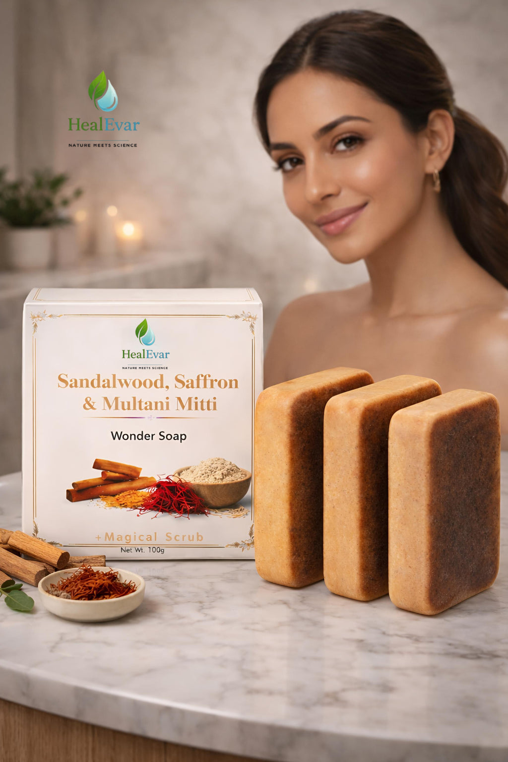 HealEvar Sandalwood Saffron Multani Mitti Soap – Magical Scrub | Pack of 3 | Skin Brightening & Tan Removal