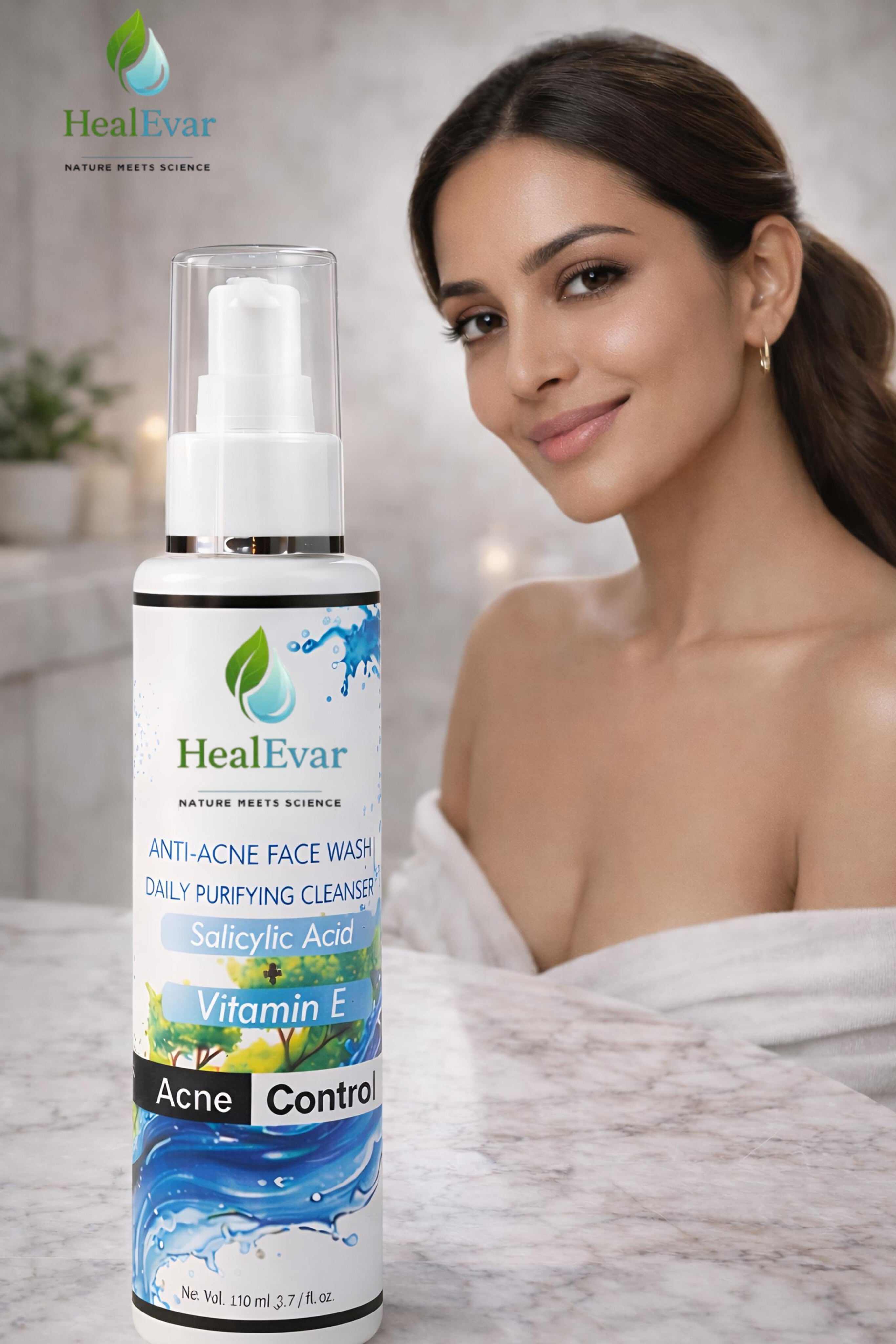 HealEvar Anti Acne Face Wash – Salicylic Acid + Vitamin E | Daily Purifying Cleanser | Oil Control & Clear Skin (110ml)