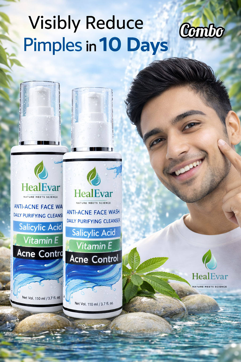 HealEvar Anti Acne Face Wash Combo (2 Bottles) | Salicylic Acid + Vitamin E | Pimples Control Cleanser