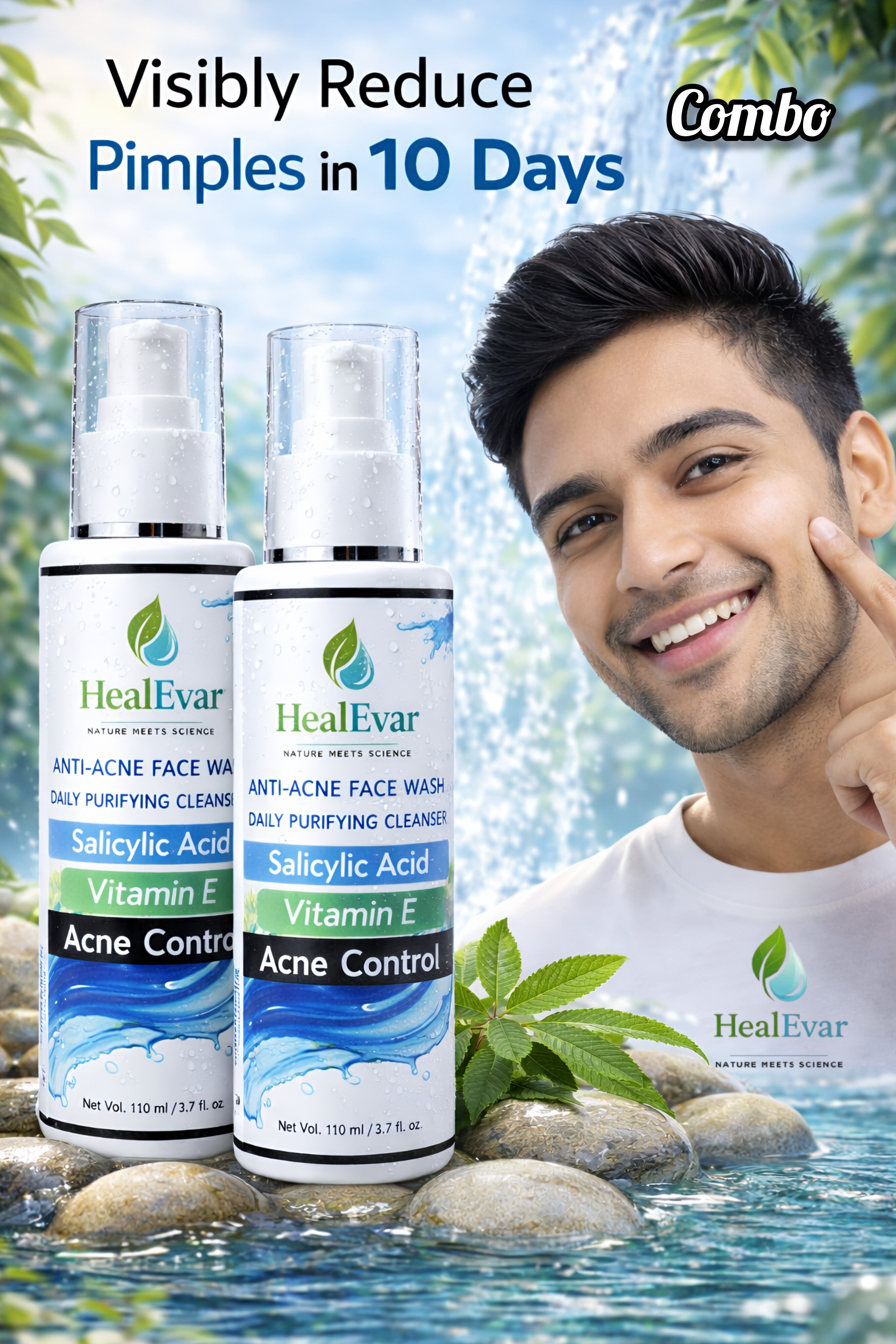 HealEvar Anti Acne Face Wash Combo (2 Bottles) | Salicylic Acid + Vitamin E | Pimples Control Cleanser